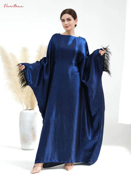 Fashion Shiny Oversized Abaya Djellaba Muslim Dress Dubai Full Length Feather Tassels Abaya Dubai Scarf Muslim Islam Robe WY1709