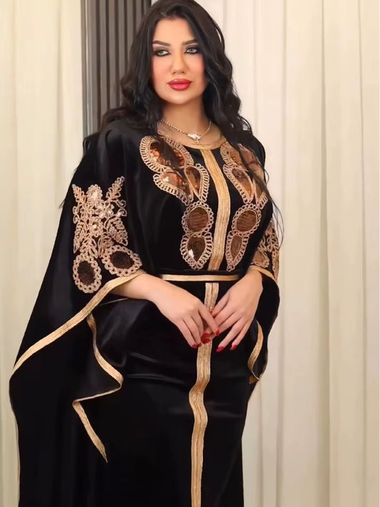 Ramadan Luxury Muslim Fashion Bat Sleeve Moroccan Turkiye Dubai Dress Middle East Arab Dress Sequins Golden Velvet Long Dress